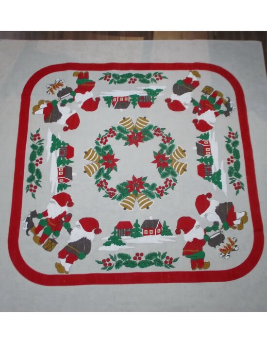 Source Unknown Other - Vtg Christmas Tablecloth Elves Bells Poinsettias Linen, 23.5 in. Square